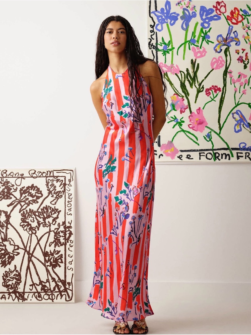 Topshop Coral & Pink Striped Floral Backless Halter Maxi Dress